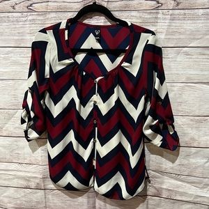 Windsor woman’s red, blue & cream button up chevron blouse. Medium